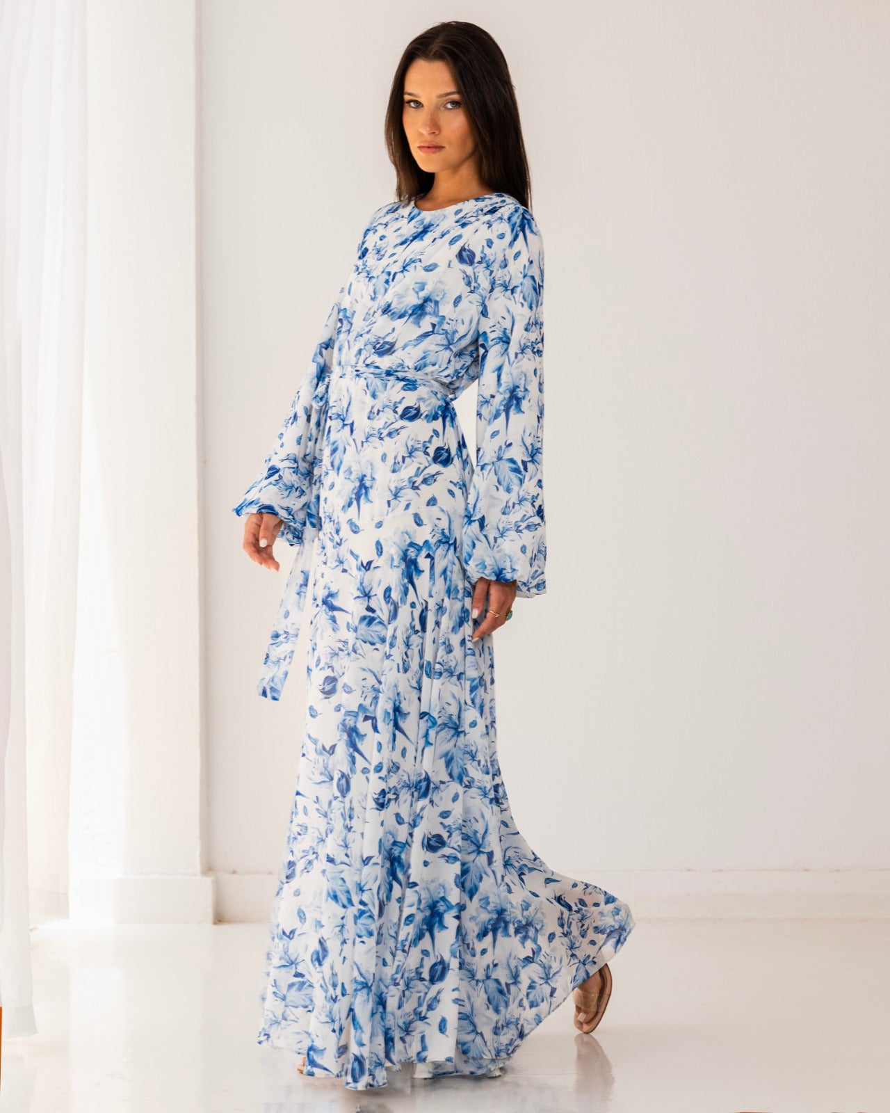 FLOWERED CHIFFON DRESS-BLUE