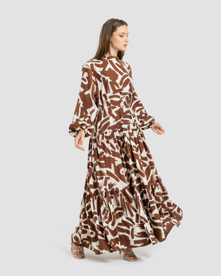 PRINTED RUFFLE DRESS-BROWN