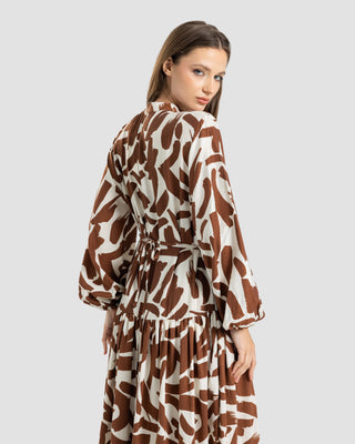 PRINTED RUFFLE DRESS-BROWN