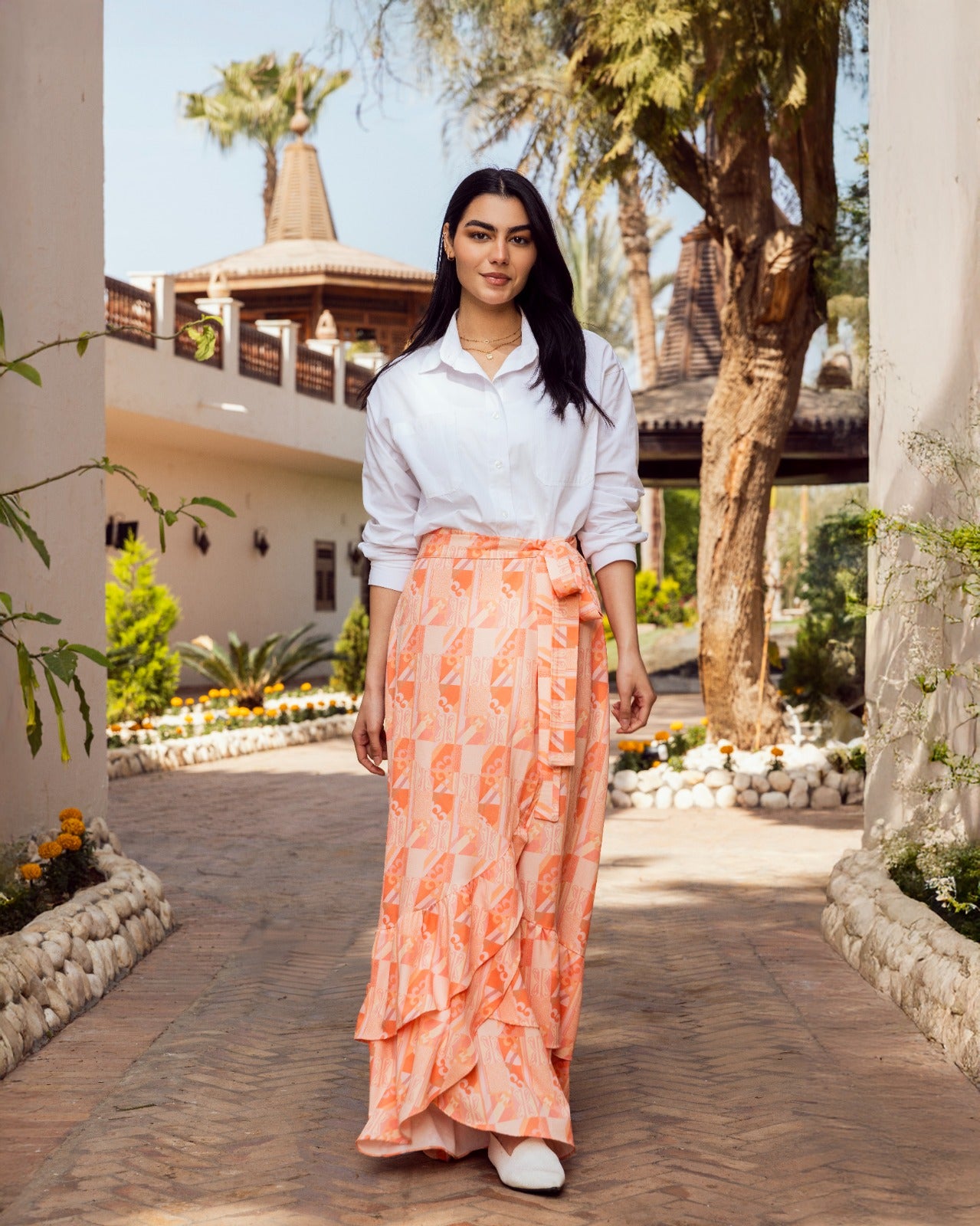 PRINTED WRAPPED SKIRT-LIGHT ORANGE