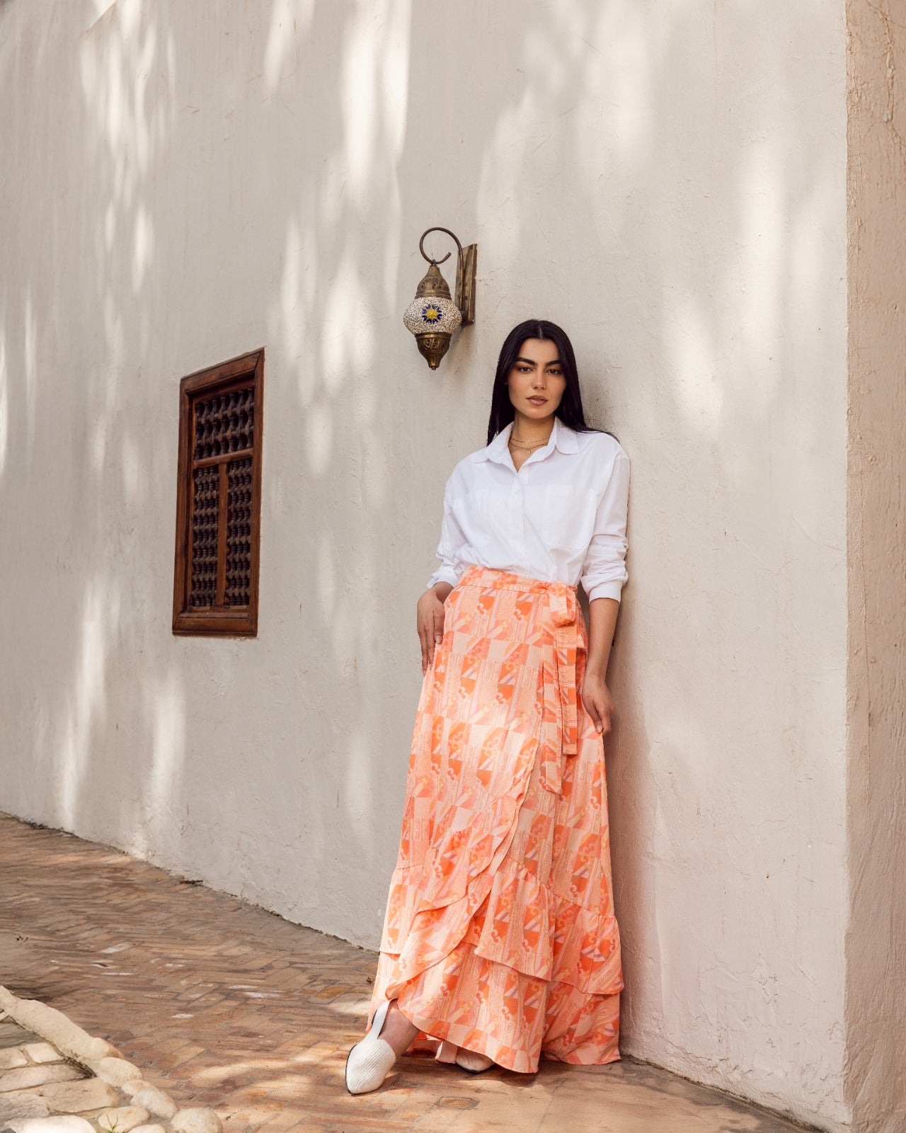 PRINTED WRAPPED SKIRT-LIGHT ORANGE