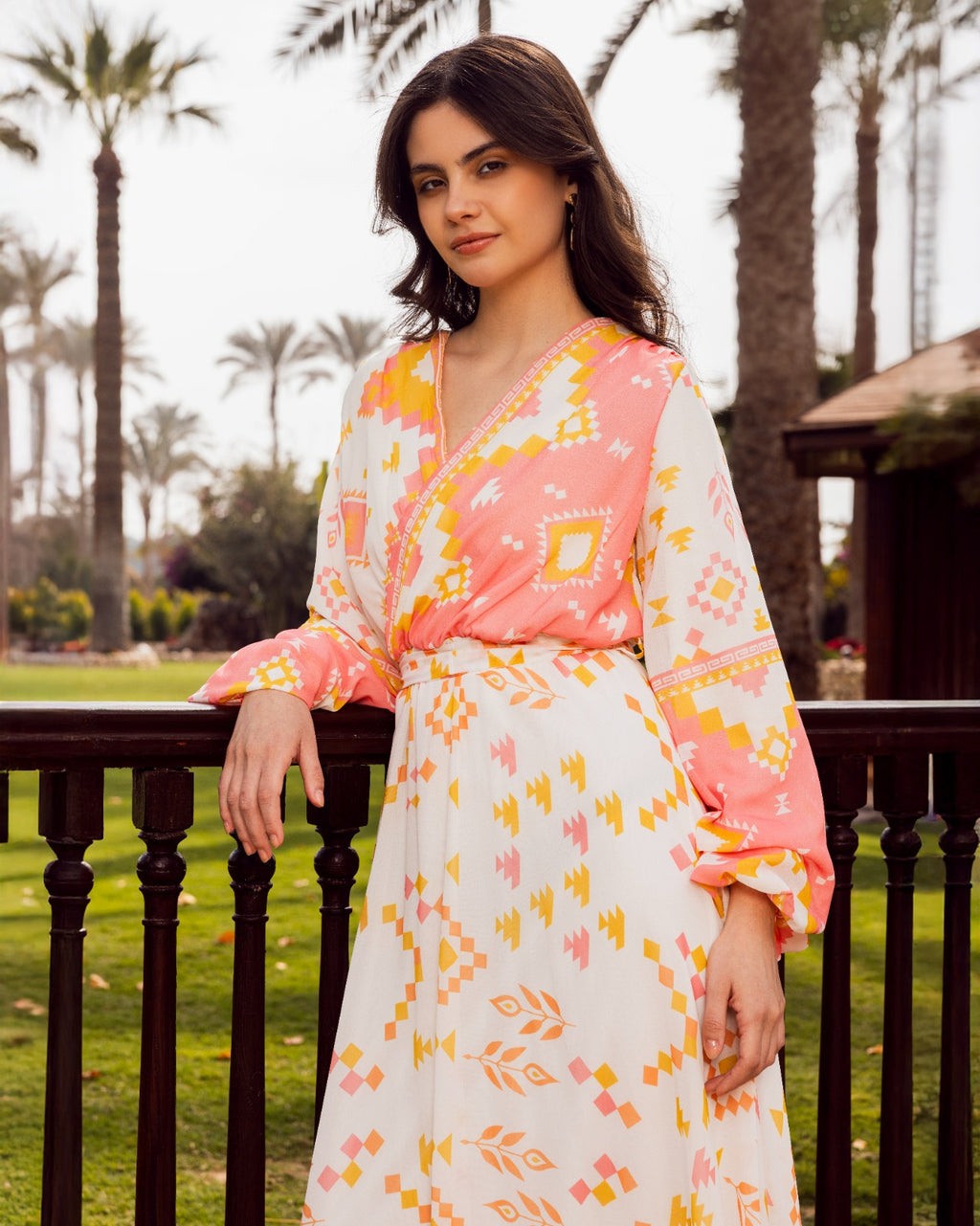 pattern chiffon dress-PINK