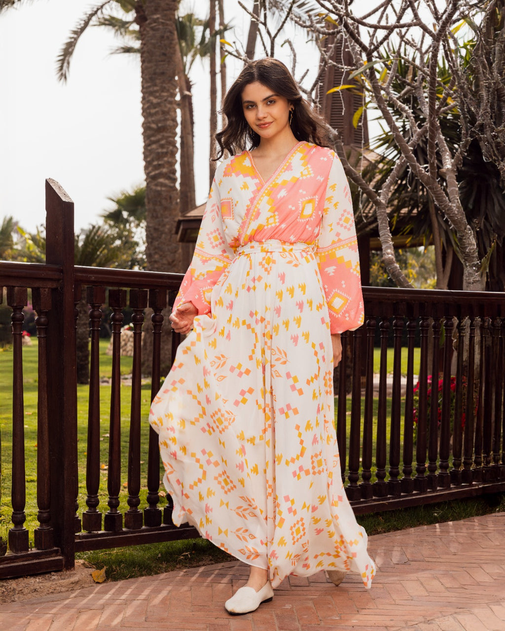 pattern chiffon dress-PINK