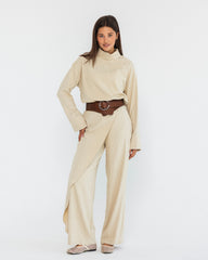 PLAIN HIGH NECK BLOUSE-BEIGE