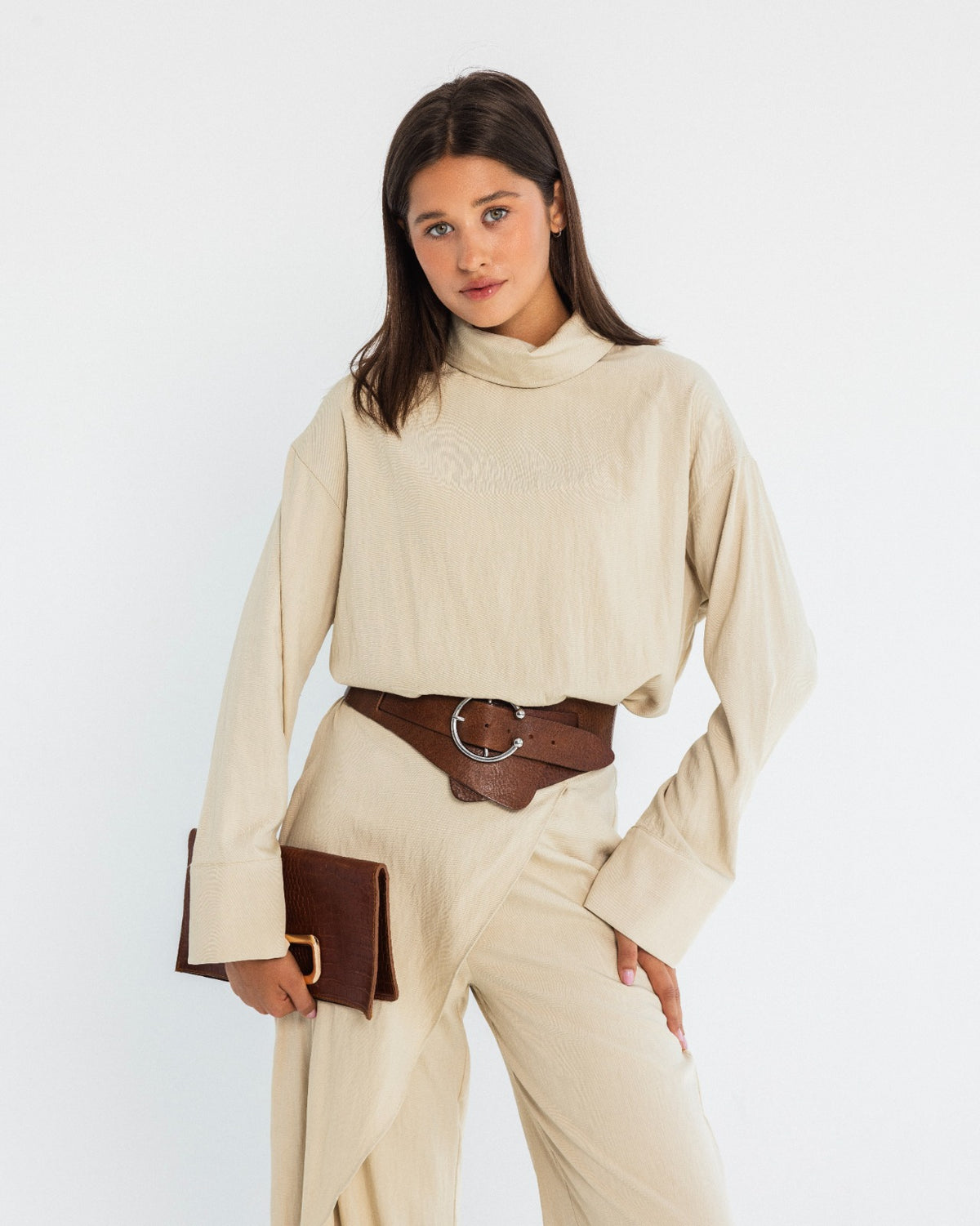 PLAIN HIGH NECK BLOUSE-BEIGE