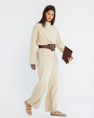 PLAIN HIGH NECK BLOUSE-BEIGE
