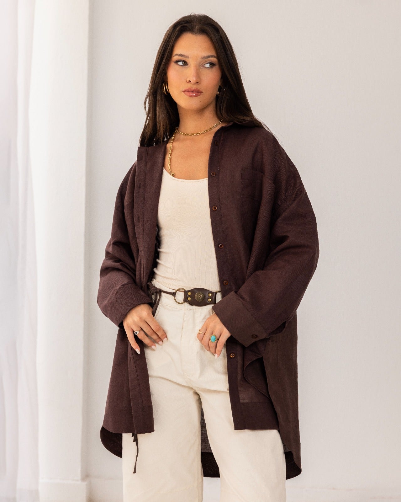 OVERSIZED PURE LINEN SHIRT-BROWN