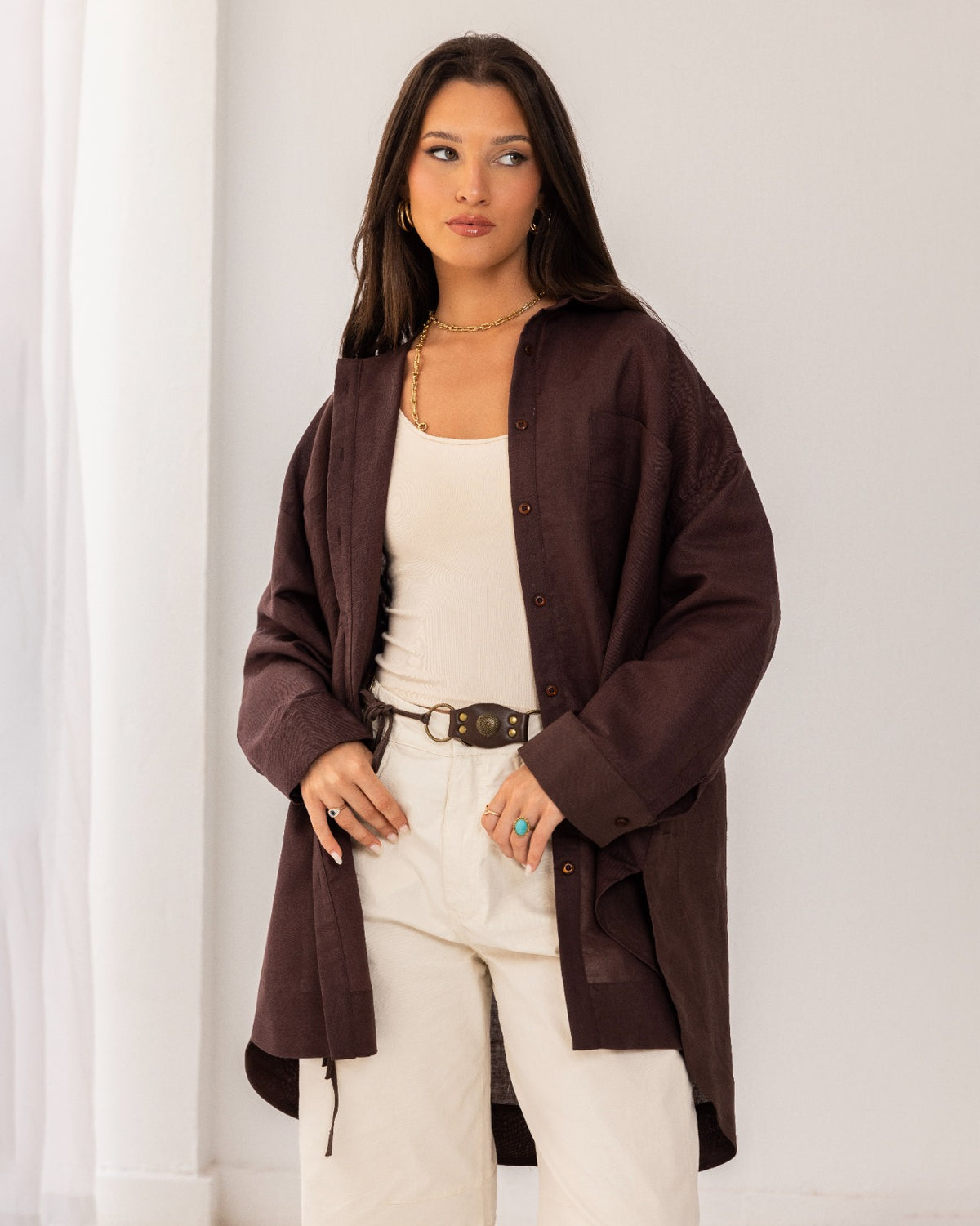 OVERSIZED PURE LINEN SHIRT-BROWN