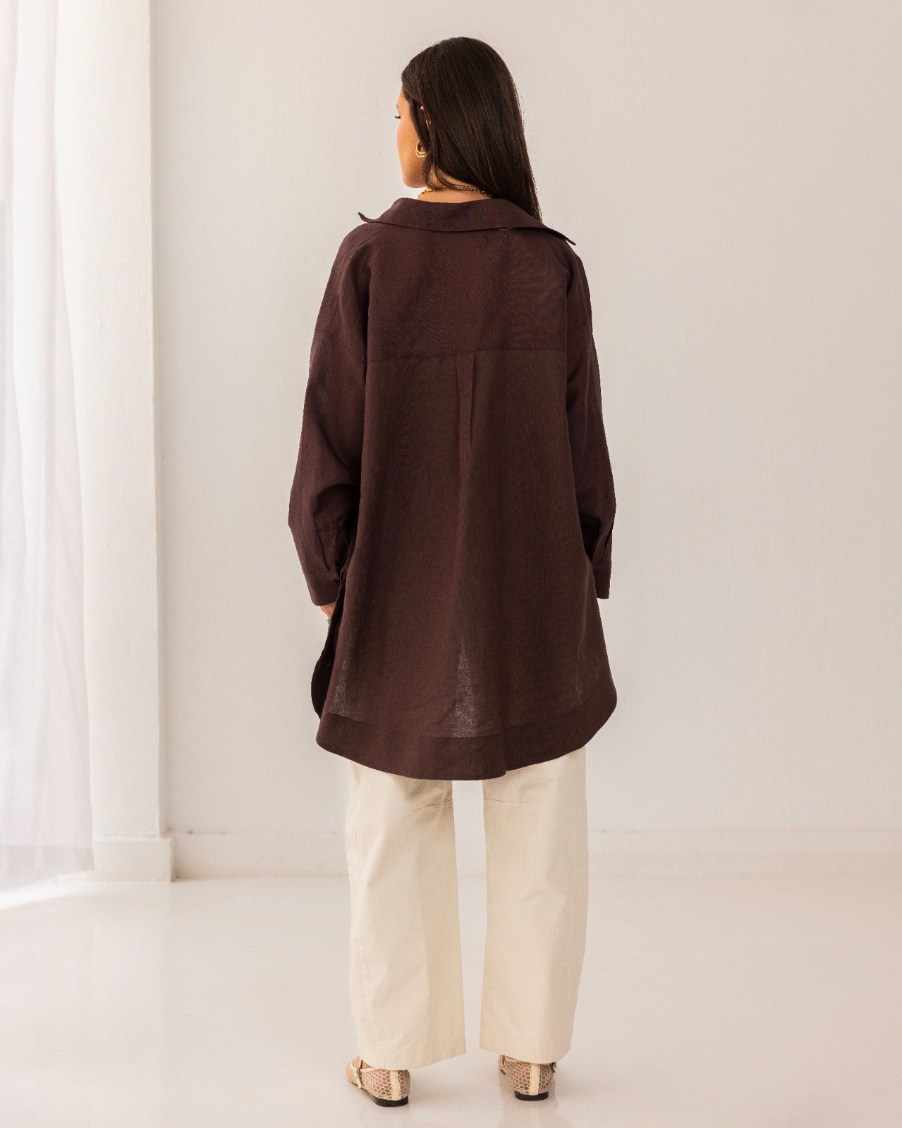 OVERSIZED PURE LINEN SHIRT-BROWN