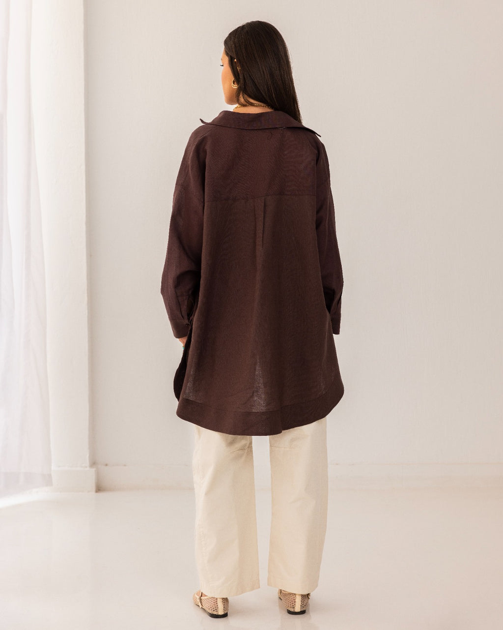 OVERSIZED PURE LINEN SHIRT-BROWN