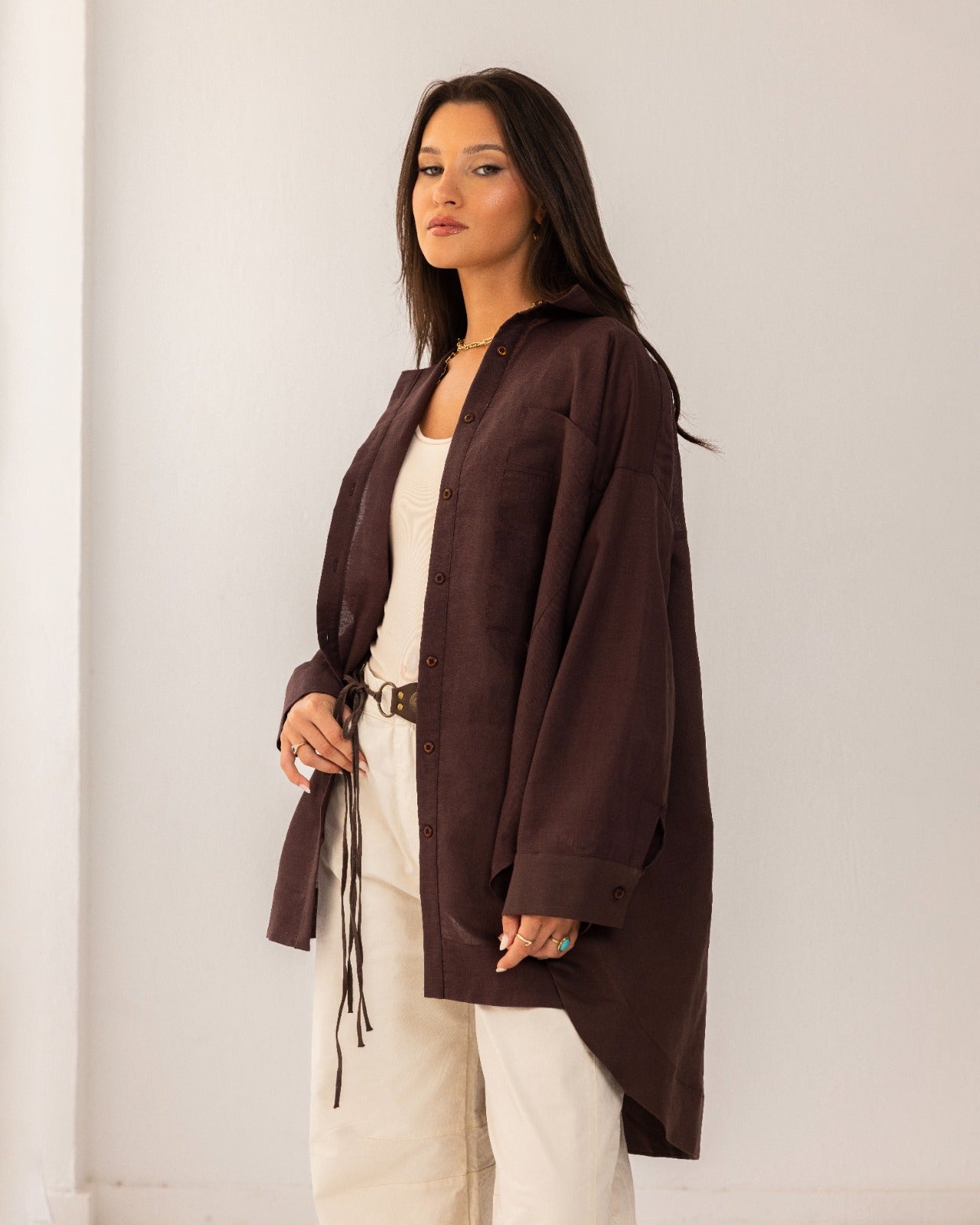 OVERSIZED PURE LINEN SHIRT-BROWN