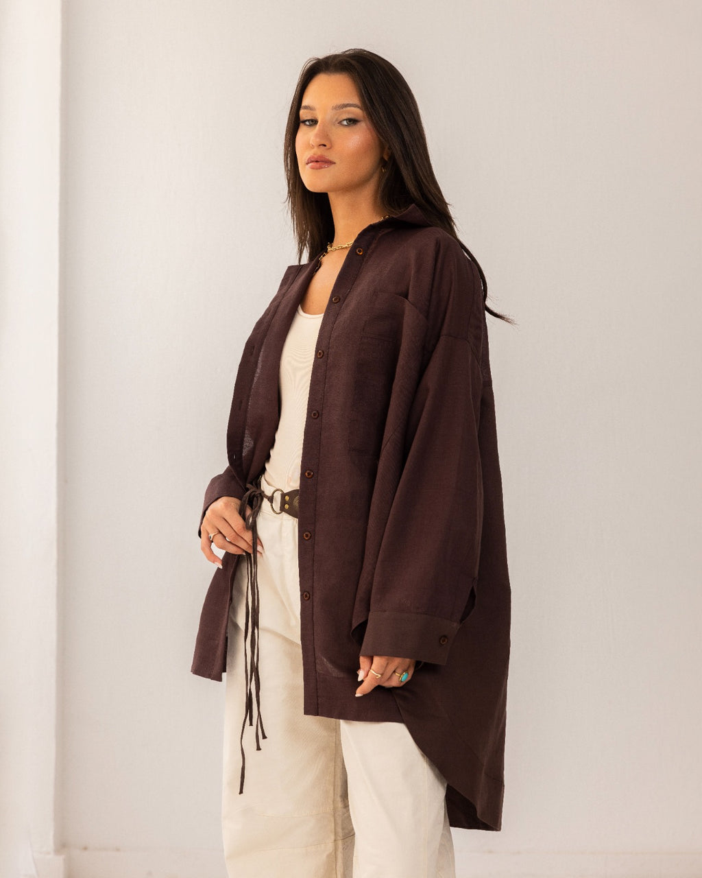 OVERSIZED PURE LINEN SHIRT-BROWN