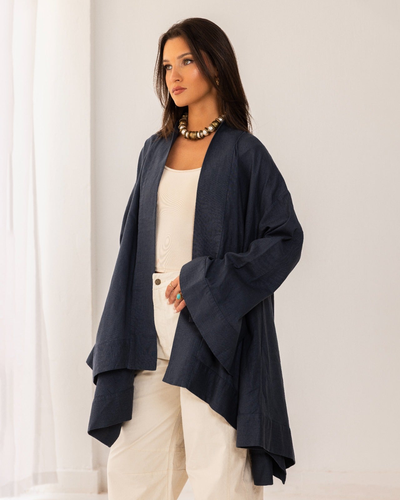 PURE LINEN CARDIGAN-PETROLEUM