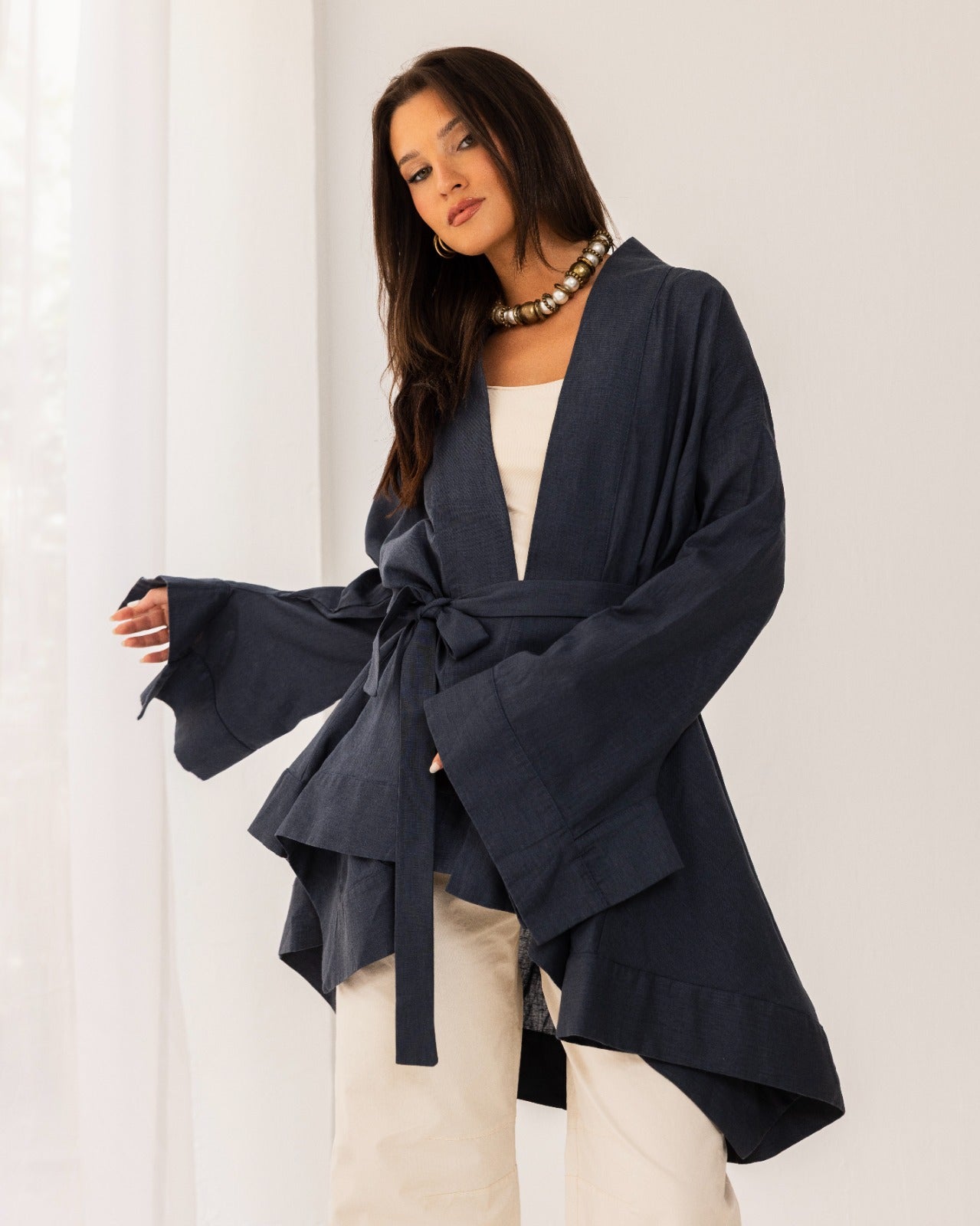 PURE LINEN CARDIGAN-PETROLEUM