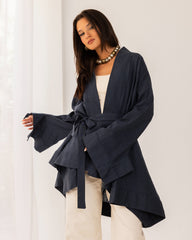 PURE LINEN CARDIGAN-PETROLEUM
