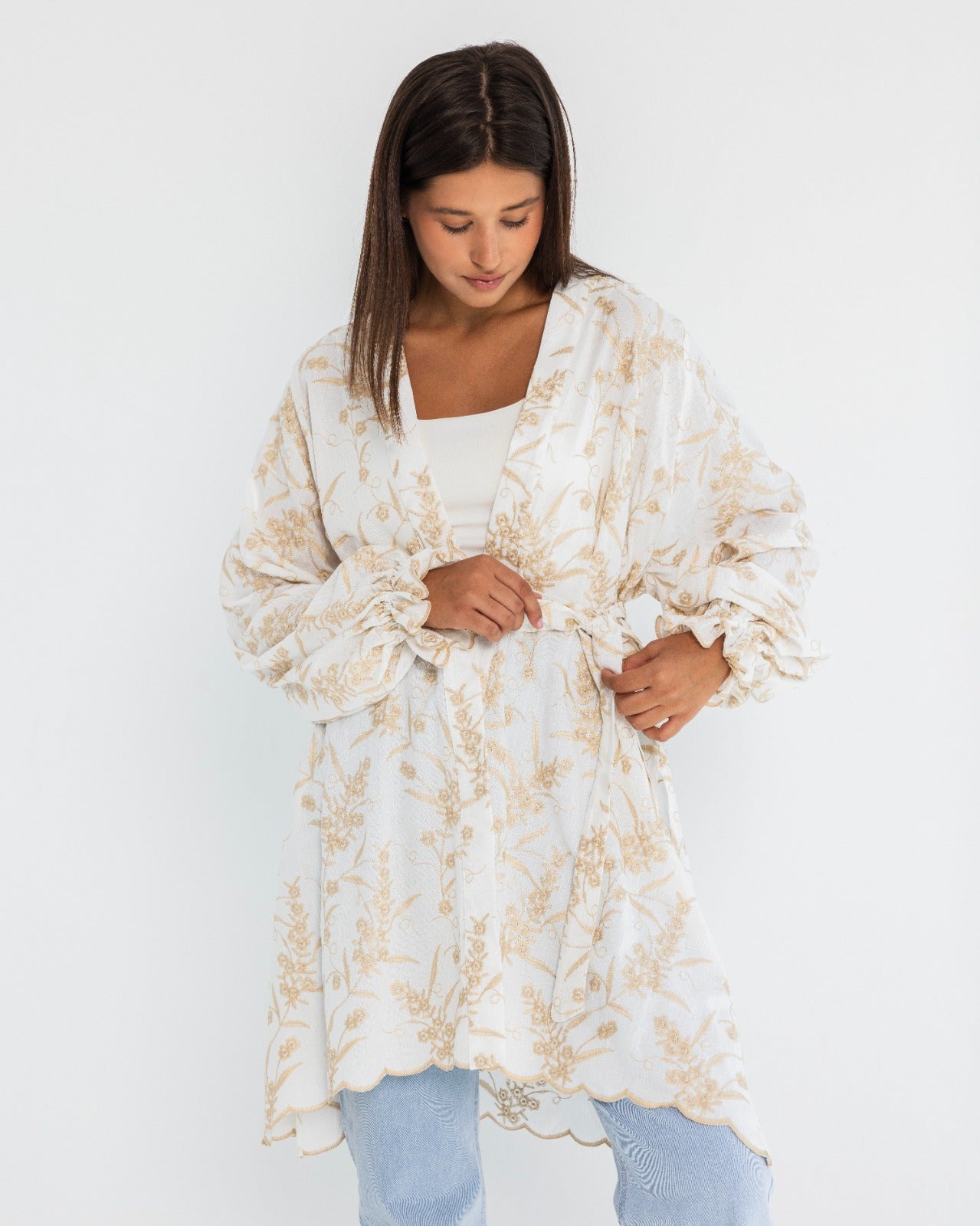 EMBROIDERY LONG CARDIGAN -BEIGE