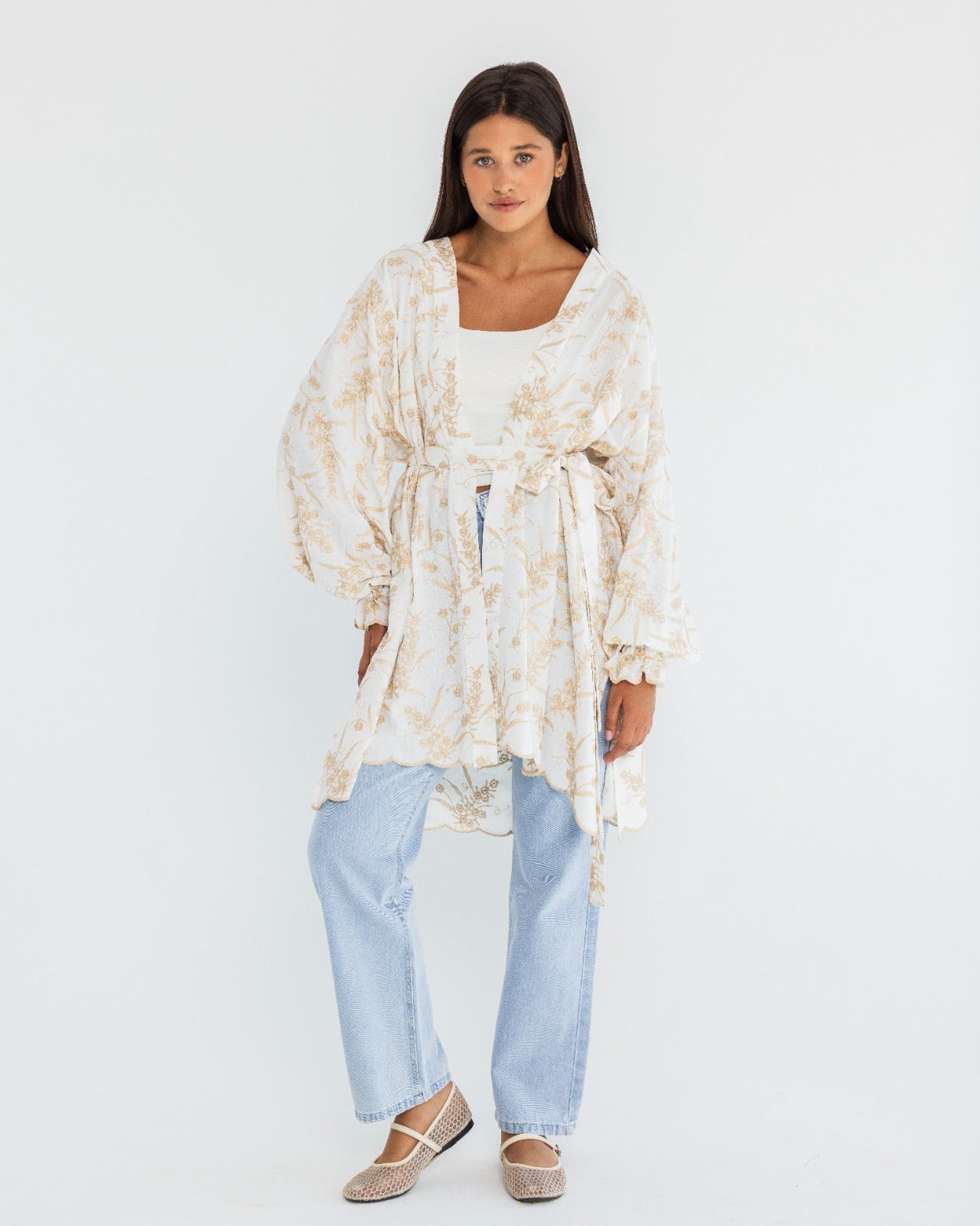 EMBROIDERY LONG CARDIGAN -BEIGE