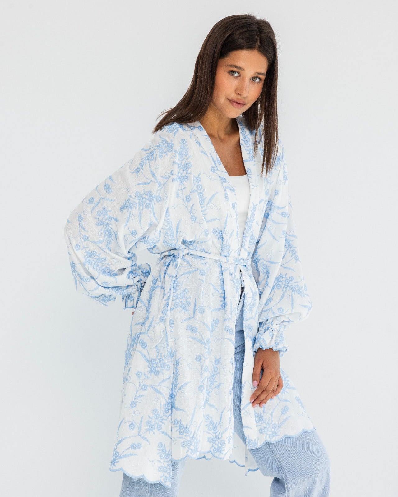 EMBROIDERY LONG CARDIGAN-BABY BLUE