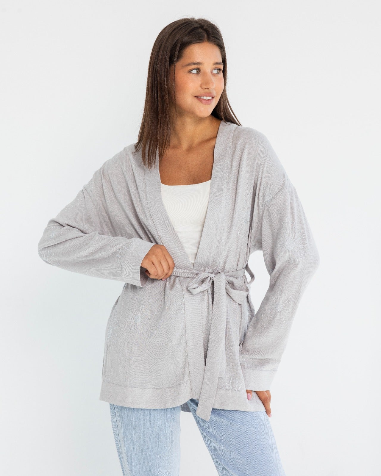 EMBROIDERY CARDIGAN-GRAY