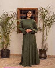 CUTWORK FLOWERED DRESS-OLIVE