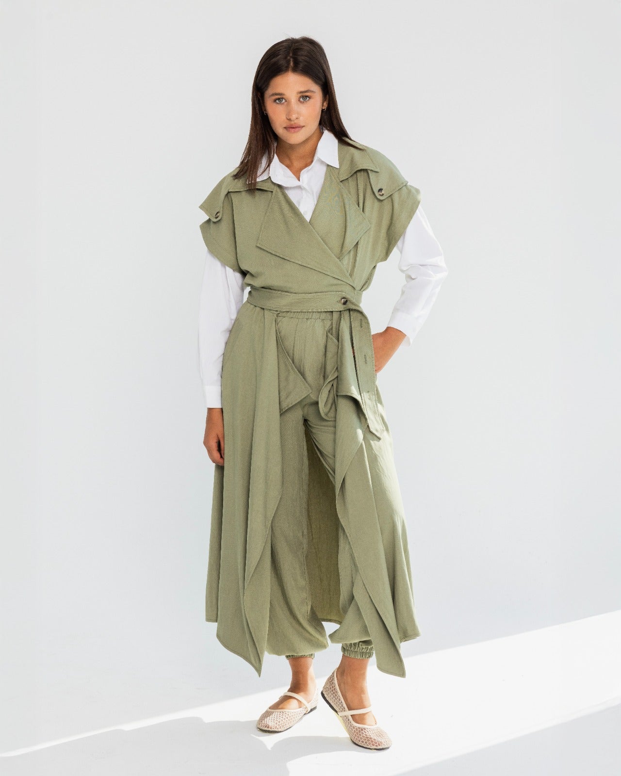 SLEEVELESS LONG CARDIGAN-OLIVE