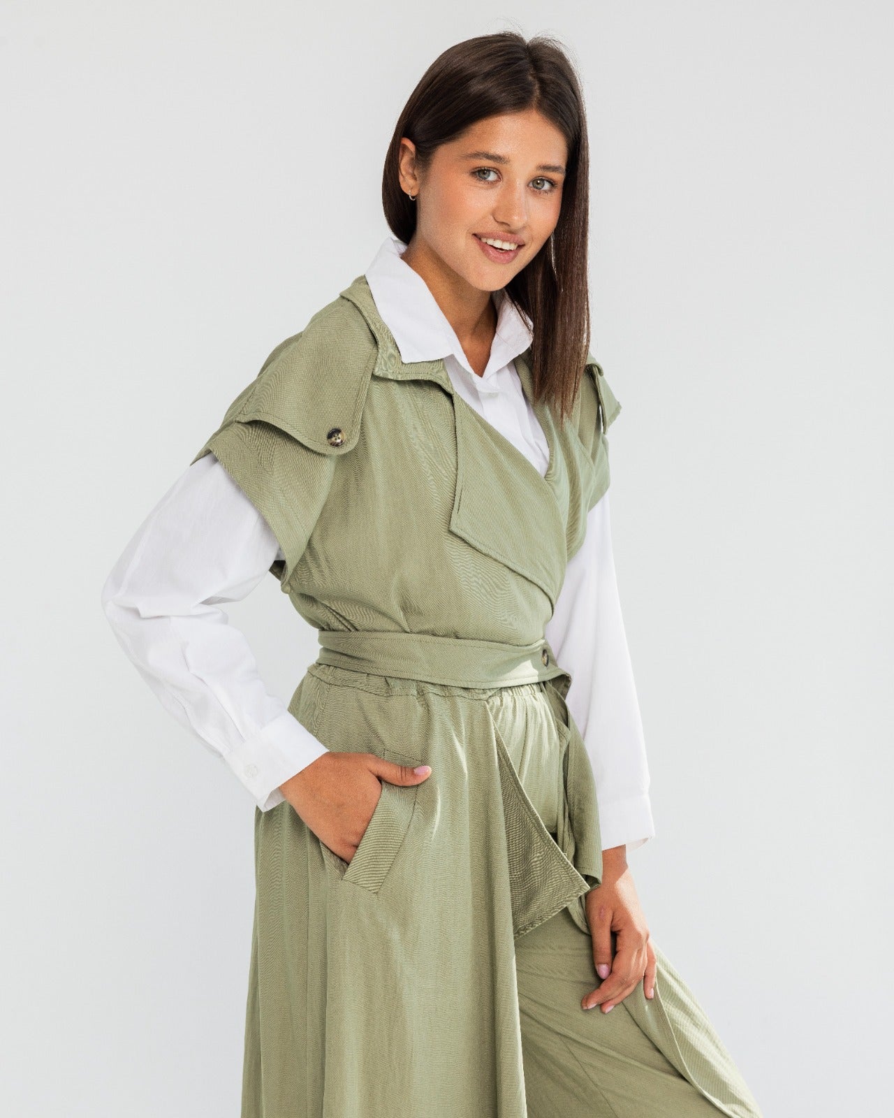 SLEEVELESS LONG CARDIGAN-OLIVE