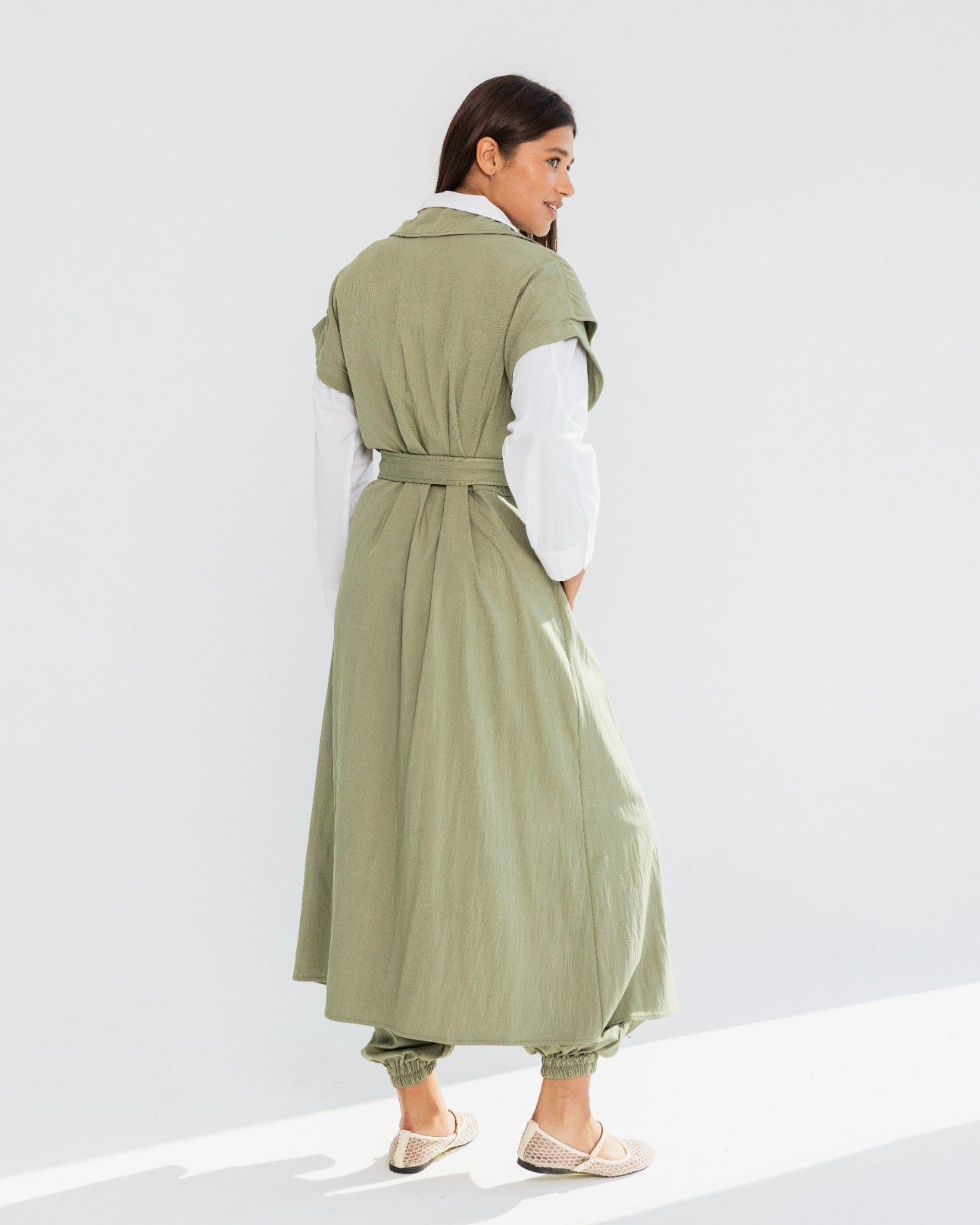 SLEEVELESS LONG CARDIGAN-OLIVE