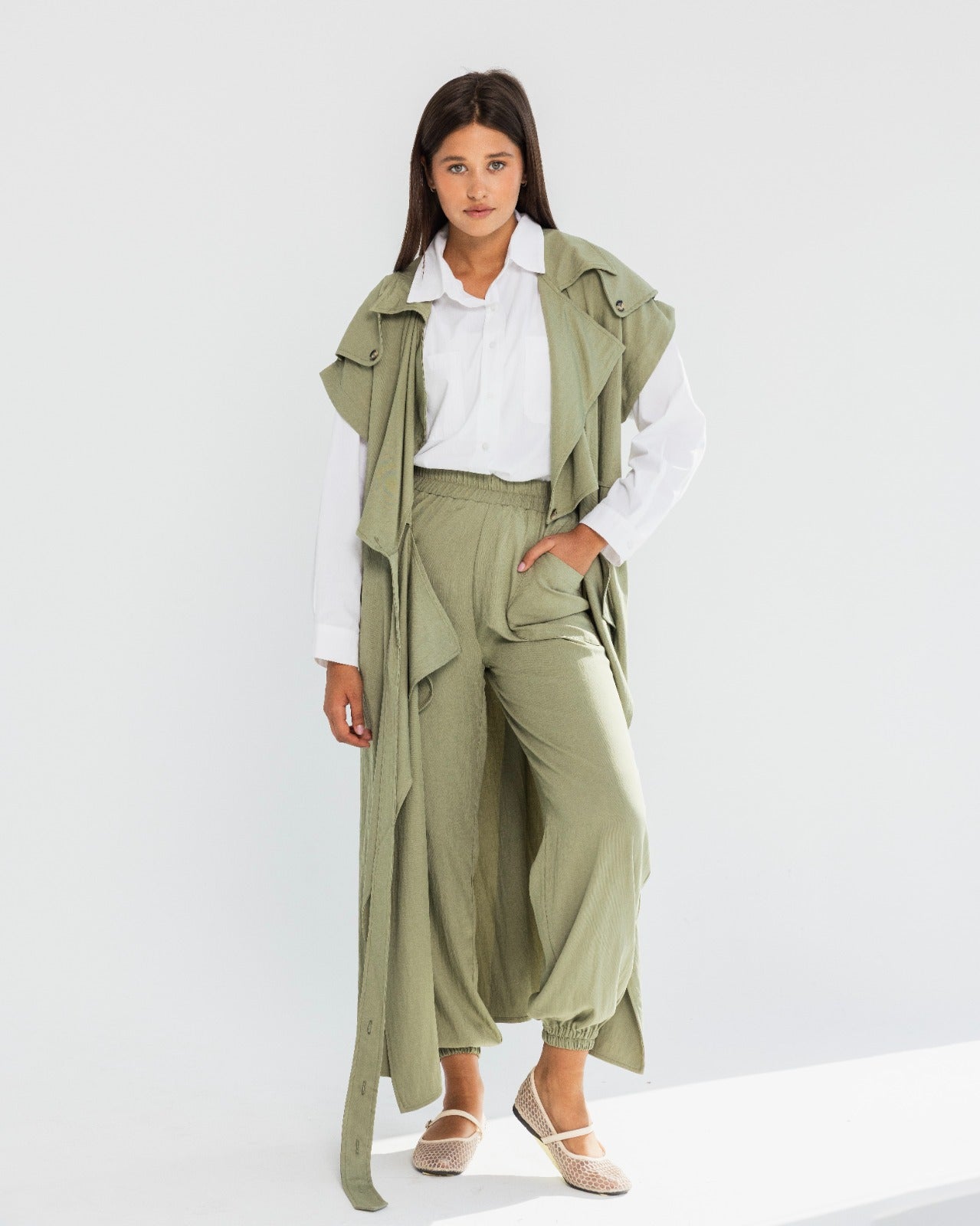 SLEEVELESS LONG CARDIGAN-OLIVE