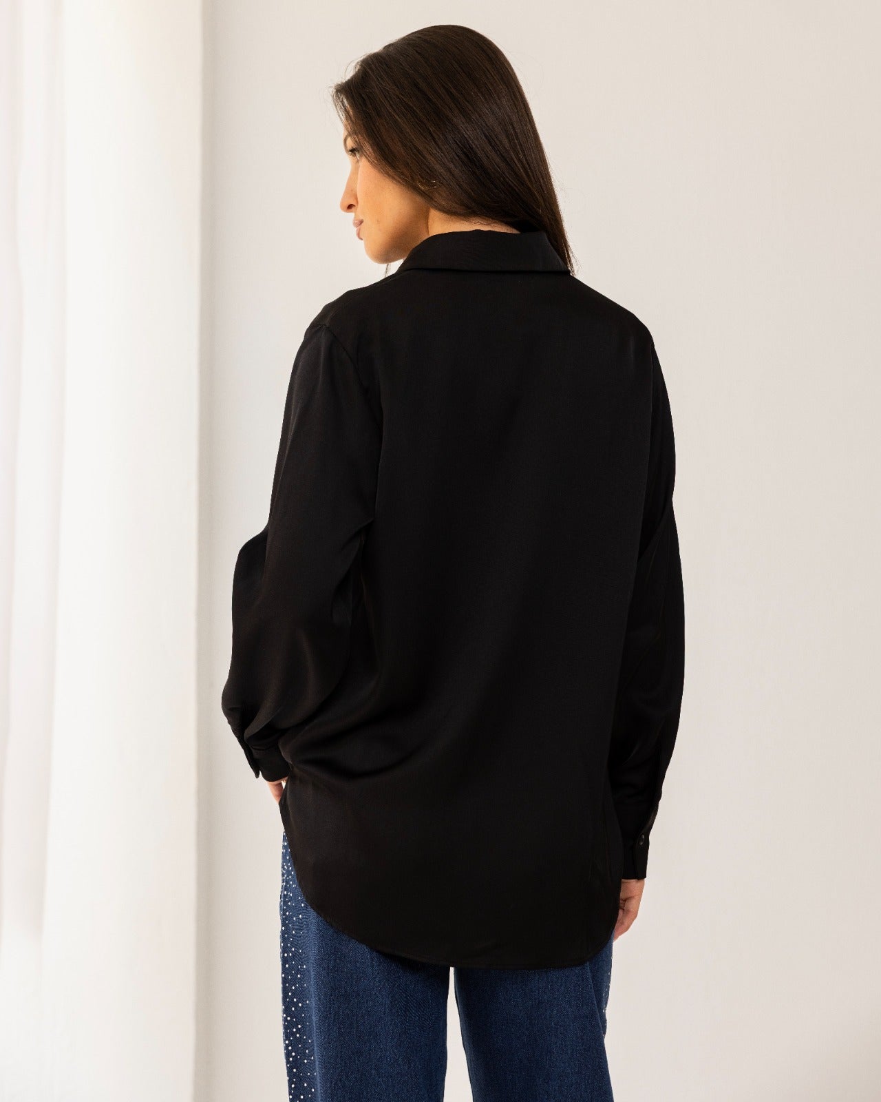 FITTED SATIN SHIRT-BLACK