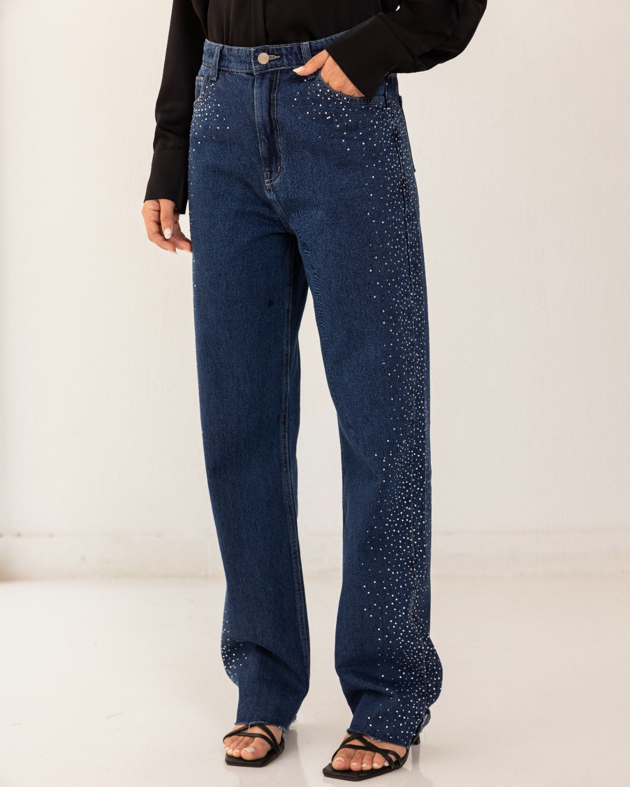 STRASS STRAIGHT PANTS-DARK BLUE