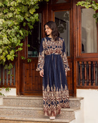 PAISLEY PATTERN CHFFON DRESS-NAVY BLUE