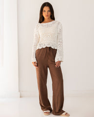 PLAIN LINEN WIDE LEG PANTS-BROWN