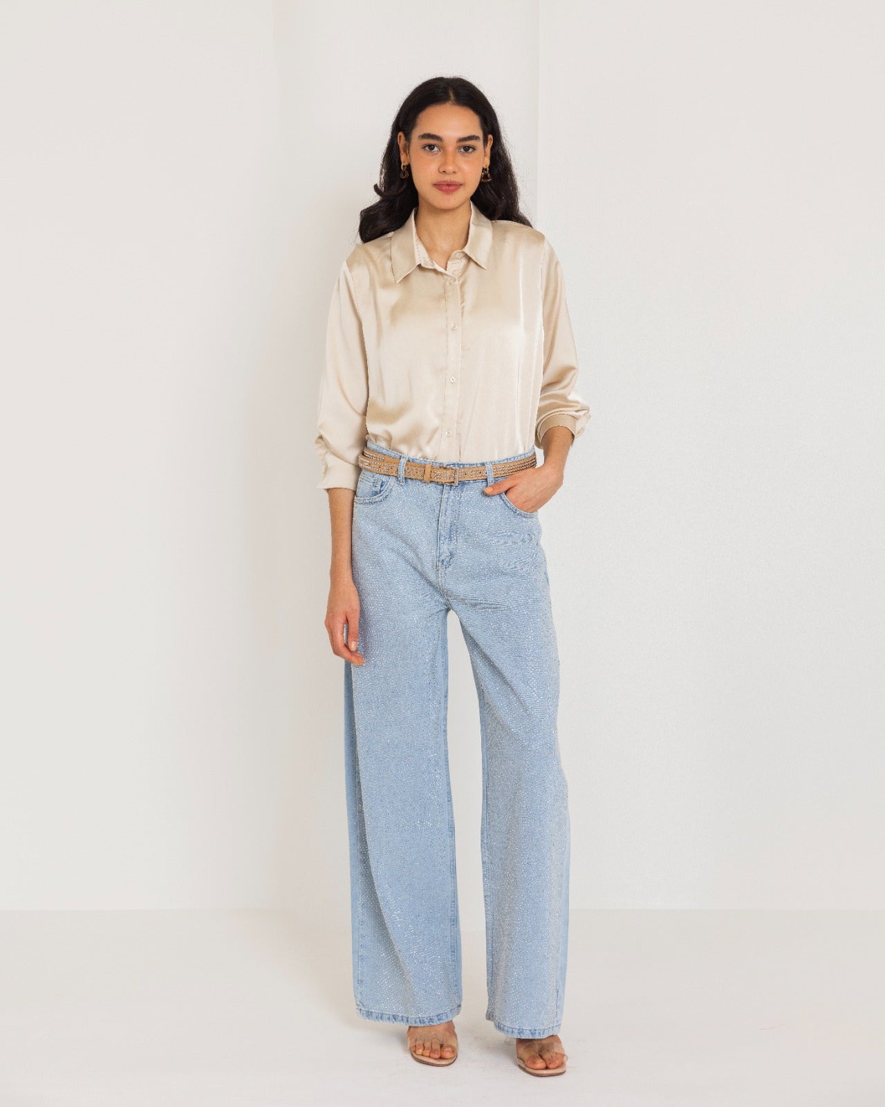 FITTED SATIN SHIRT-BEIGE