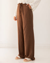 PLAIN LINEN WIDE LEG PANTS-BROWN