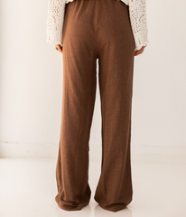 PLAIN LINEN WIDE LEG PANTS-BROWN