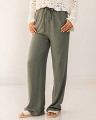 PLAIN LINEN WIDE LEG PANTS-OLIVE