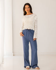 PLAIN LINEN WIDE LEG PANTS-PETROLEUM