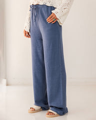 PLAIN LINEN WIDE LEG PANTS-PETROLEUM