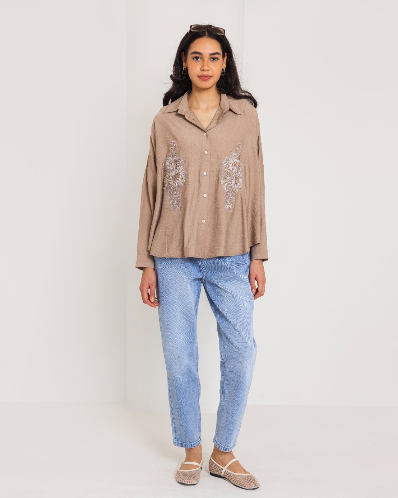 CRINKLE OVER SIZED SHIRT-CAFE