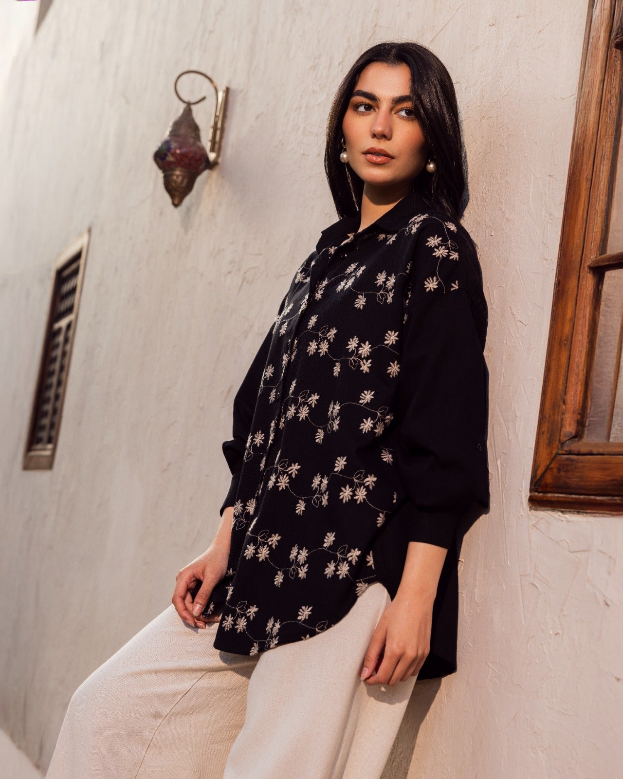 EMBROIDERY LINEN SHIRT-BLACK