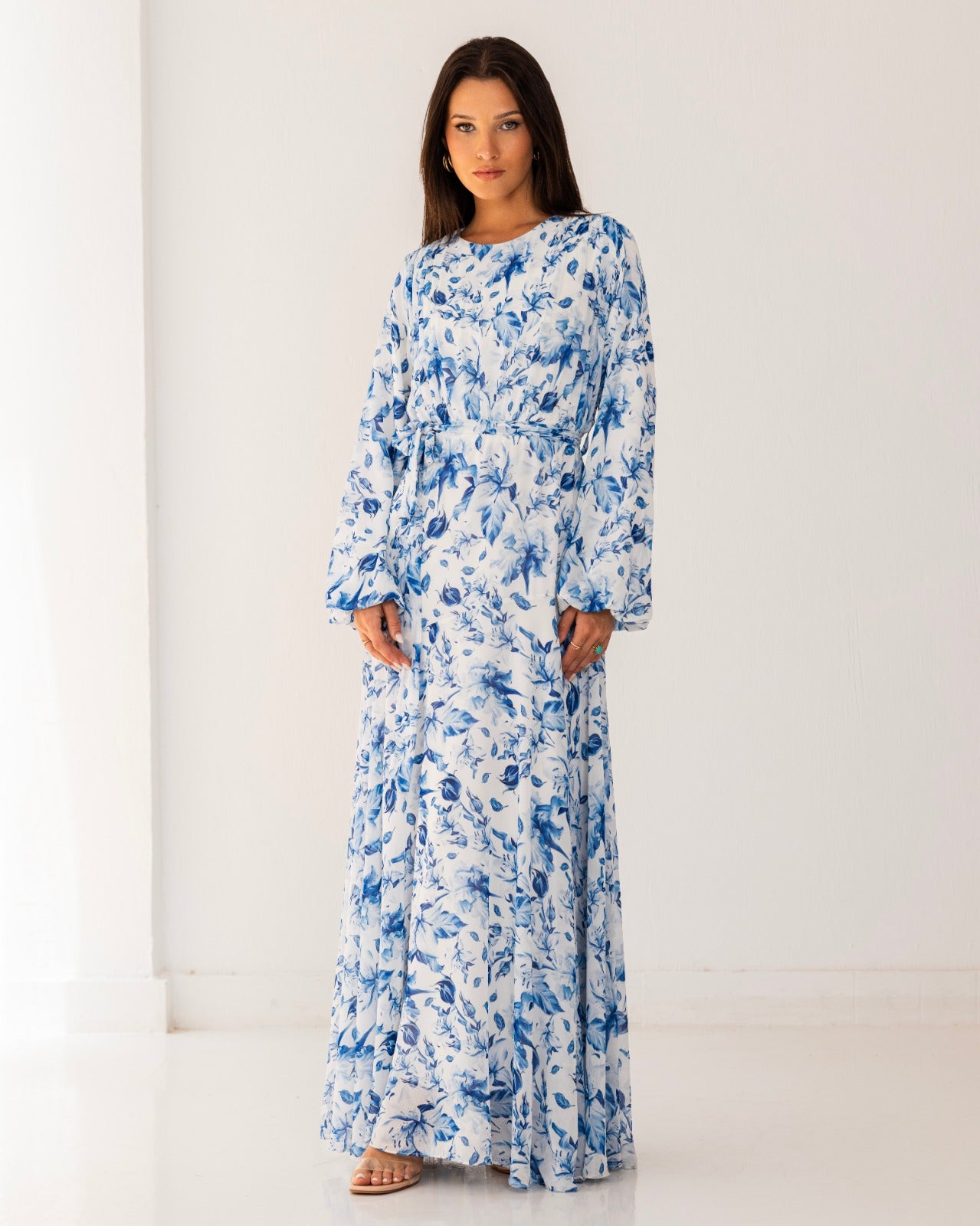 FLOWERED CHIFFON DRESS-BLUE