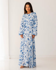 FLOWERED CHIFFON DRESS-BLUE