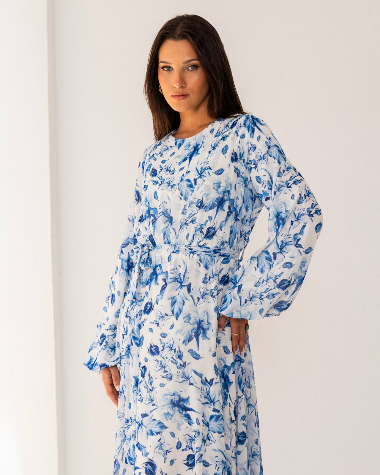 FLOWERED CHIFFON DRESS-BLUE