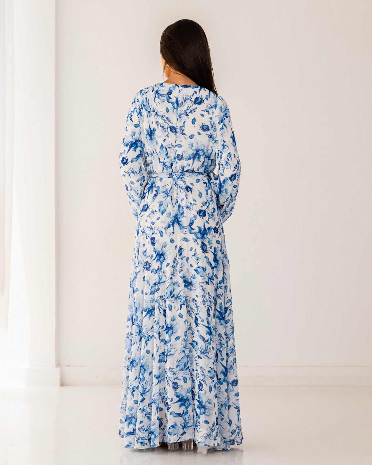 FLOWERED CHIFFON DRESS-BLUE