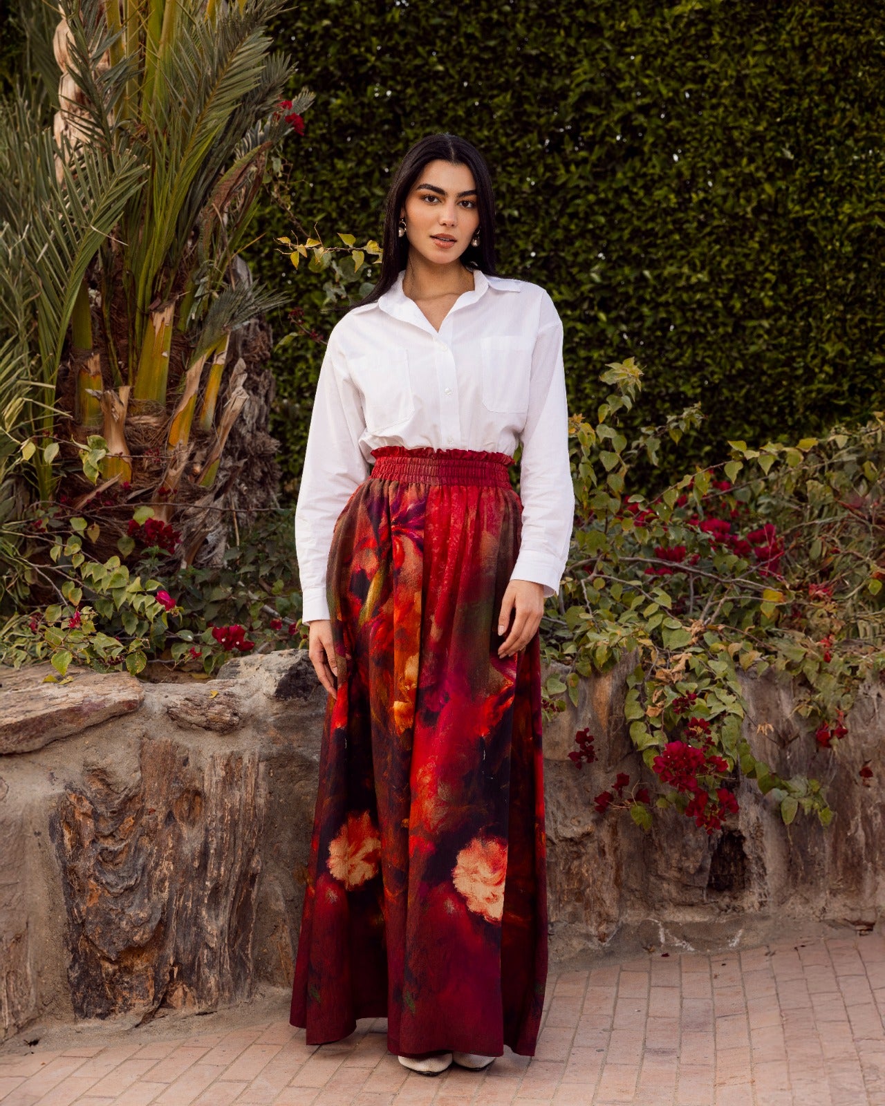 FLOWERED WIDE LEG PANTS -MAROON