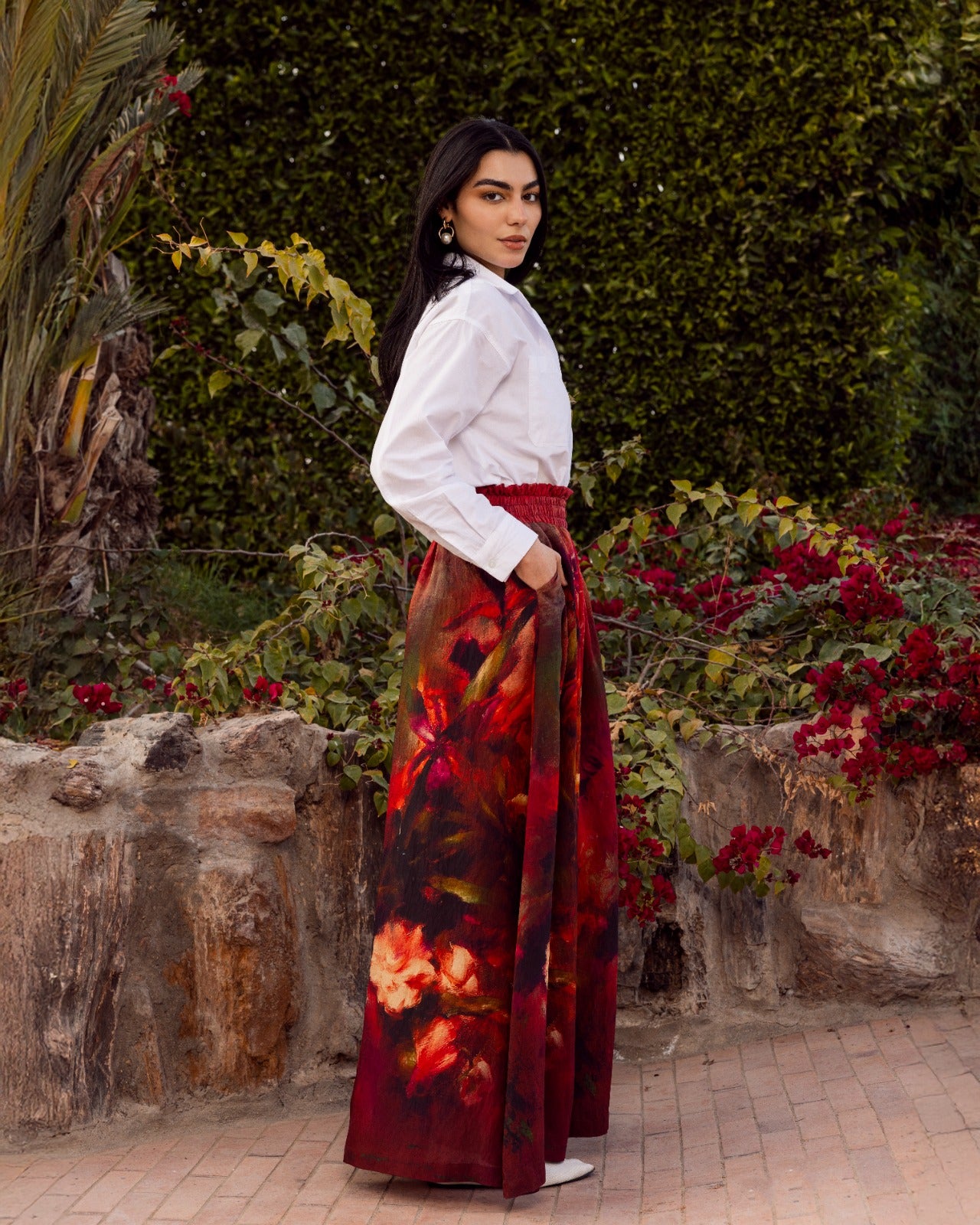 FLOWERED WIDE LEG PANTS -MAROON