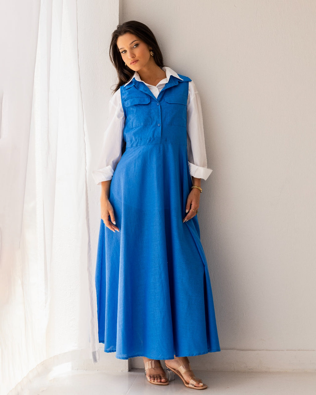 SLEEVELESS LINEN DRESS -BLUE
