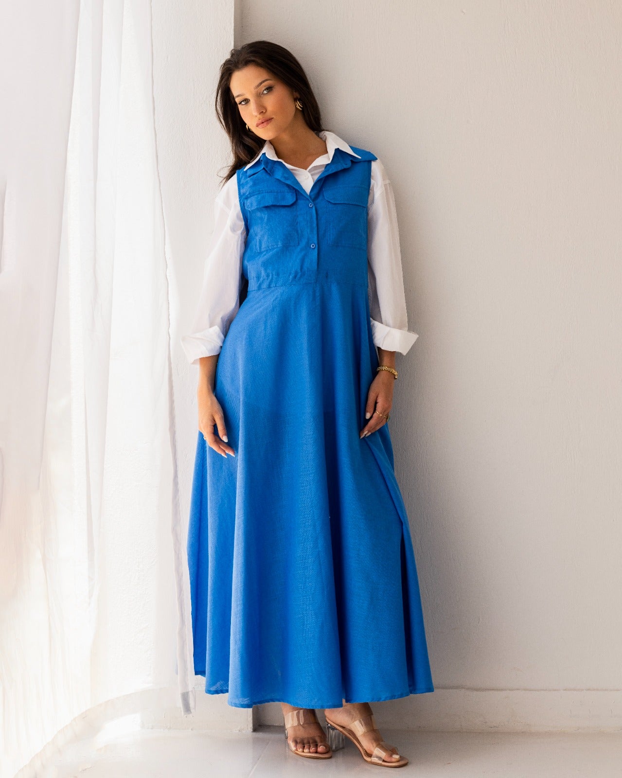 SLEEVELESS LINEN DRESS -BLUE