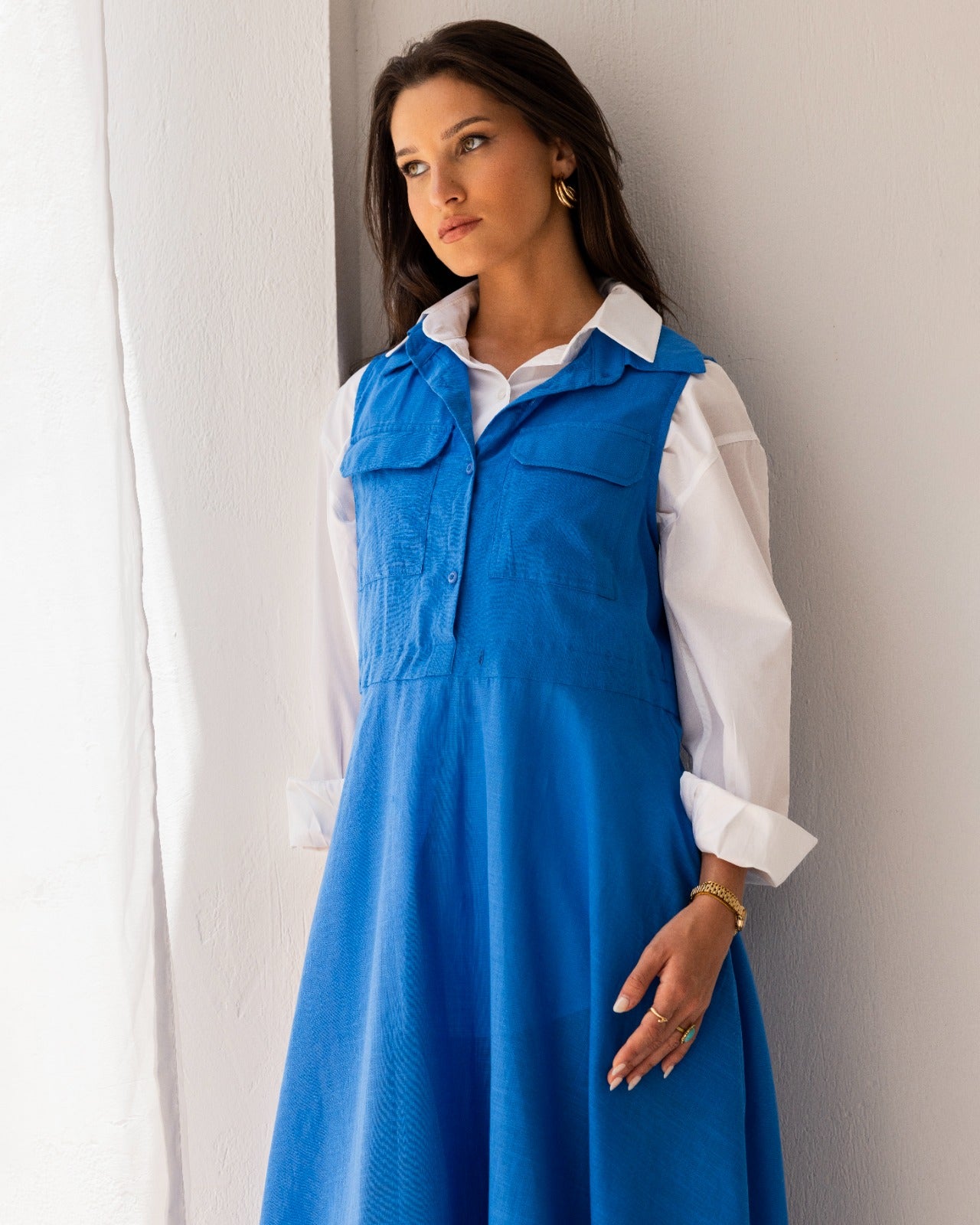 SLEEVELESS LINEN DRESS -BLUE