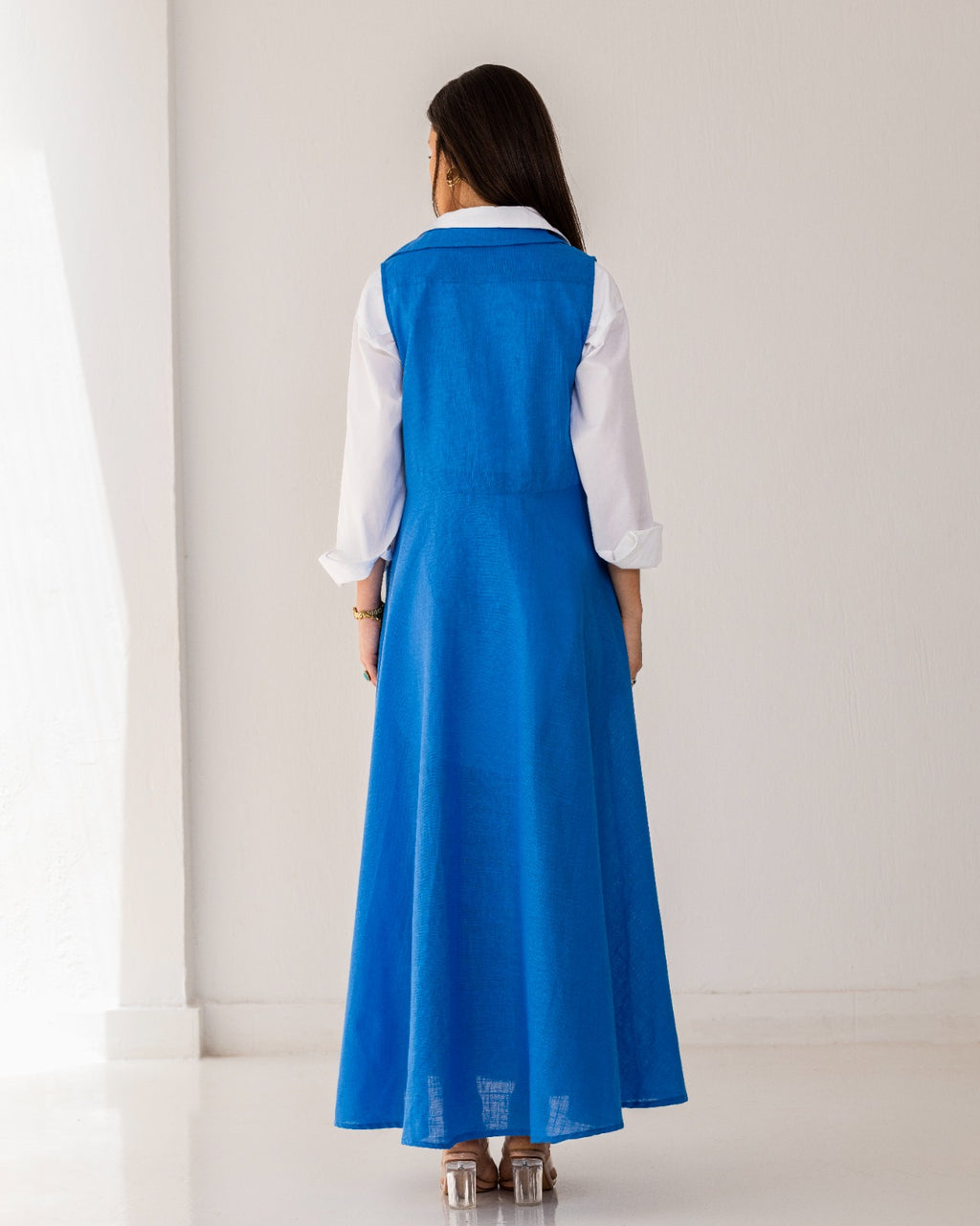 SLEEVELESS LINEN DRESS -BLUE